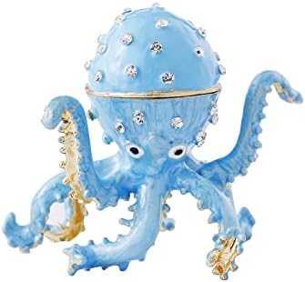 Ingbear Blue Octopus Figurină cutii cu balamale cu balamale, cadou unic pentru ziua mamei, cutie de bijuterii emailate manual, animale ornamente pentru decor pentru casă