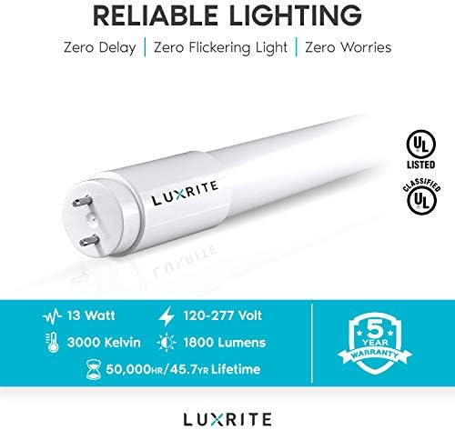 LUXRITE 4ft T8 LED tub de Lumină, Balast și balast Bypass compatibil, 13W=32W, 3000k alb moale, cu un singur capăt sau dublu capăt alimentat, Plug & amp; Play, F32t8 înlocuire tub Fluorescent, umed evaluat