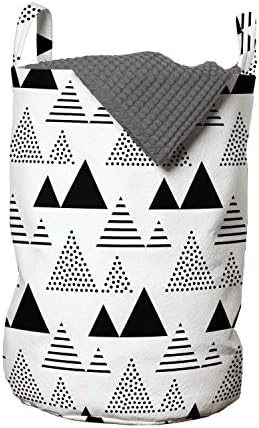 Geantă de rufe abstractă Ambesonne, Design Modern de triunghiuri cu dungi și puncte pe un fundal simplu, coș de coș cu mânere Închidere cu șnur pentru spălătorii, 13 x 19, gri cărbune și alb