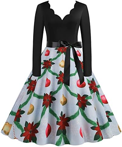 Rochie de Crăciun pentru femei anii 1950 Vintage dantelate V gât bal petrecere Cocktail rochie desen animat Print A-Line Swing