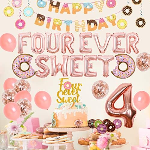 Donuts decorațiuni de petrecere a 4 -a zi de naștere, patru decorațiuni de naștere mereu dulci pentru fete cu banner de naștere la mulți ani, vârtejuri agățate, patru baloane mereu dulci și topper tort