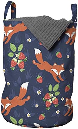 Geantă de rufe Ambesonne Fox, model desen animat cu imprimeu Animal și Floral cu fructe de căpșuni, coș de coș cu mânere Închidere cu șnur pentru spălătorii, 13 x 19, lavandă închisă Multicolor