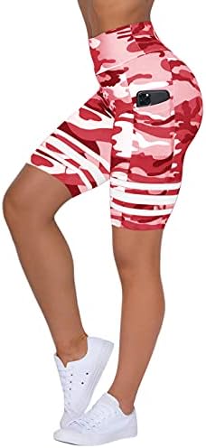ESOBO pentru femei cu talie înaltă cu talie pantaloni scurți de yoga antrenament cu dungi jambiere de burtă Pantaloni scurți cu buzunar cu buzunar cu buzunar