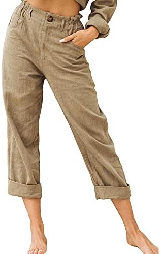 Pantaloni de lenjerie de vară pentru femei rulouri decupate cu picior larg Capris pantaloni de pulover Solid Color Button Stretch