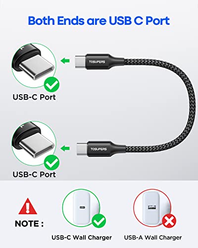 Cablu scurt USB C la USB C [1ft, Pachet 3], Cablu de încărcare rapidă de 60W tip C la Tip C împletit pentru Samsung Galaxy