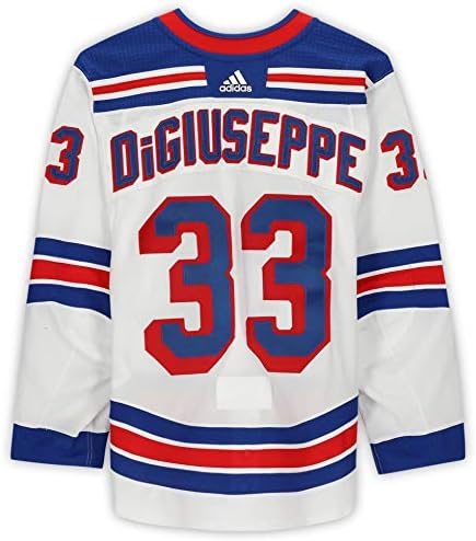 Phillip Di Giuseppe New York Rangers, utilizat pe joc #33 Setul alb 1, purtat în timpul jocurilor în deplasare jucat între 22 ianuarie și 20 februarie a sezonului NHL 2021 - dimensiunea 56 - Joc folosit NHL Jerseys