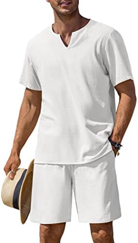 Coofandy pentru bărbați 2 bucăți de lenjerie de bumbac Set Henley cămașă cu mânecă scurtă și pantaloni scurți de plajă casual