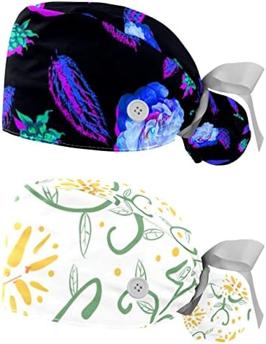 2 buc de șapcă de spălare femei cu buton reglabil cravată elastică pălării de craniu frunze tropicale flori capac chirurgical
