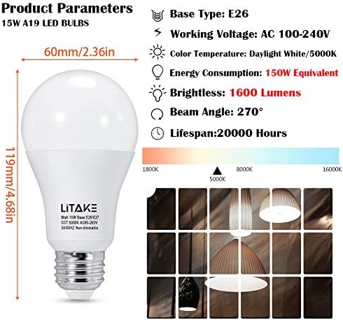 Becuri LED Litake A19 echivalent 150 Watt,Becuri LED de lumină de zi de 5000k,bază medie E26, Becuri LED de 15W1600 lumeni pentru lumini de acasă, fără pâlpâire, non-Dimmable, 12 pachete