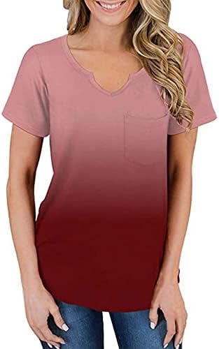 Lounge Shirt Tricou Fete adolescente 2023 Bumbac cu mânecă scurtă V Gradient Graphic Graphic Fit Fit Tie Top Tee pentru femei SI