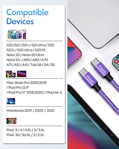 etguuds Violet USB C la USB C cablu [3ft, 2-Pack], 60W Încărcare rapidă Tip C la Tip C cablu încărcător pentru Samsung Galaxy
