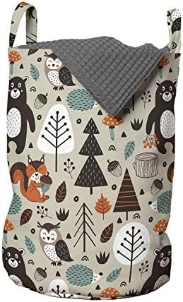 Ambesonne Cartoon sac de rufe, repetând model cu animale de pădure și botanică urs bufniță veveriță, coș de coș cu mânere Cordon închidere pentru spălătorii, 13 x 19, Gri Galben Multicolor