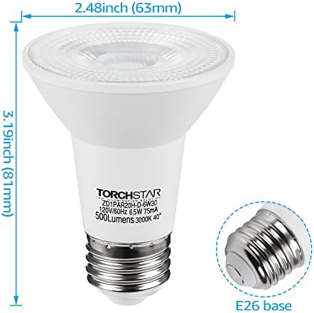 TORCHSTAR PAR20 becuri cu LED-uri, CRI 90 + bec cu LED-uri reglabile, 6.5 W 50 Watt echivalent, 3000k alb cald, 500 LM, E26 mediu de bază, ul & amp; Energy Star enumerate, pachet de 6