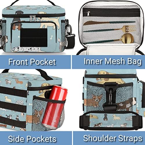 Multi câini Bone Green Background Tactical Lunch Bag geantă de prânz izolată pentru femei bărbați, răcitor de prânz reutilizabil cu curea de umăr Leakproof Lunch Box Meal Prep Bag Pentru Picnic de lucru