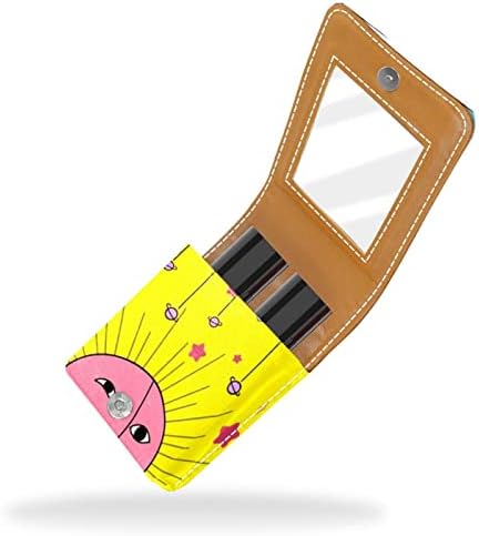 ORYUEKAN mini geantă de machiaj cu oglindă, Geantă de ambreiaj carcasă de ruj din piele, model de carte de Tarot soare de desene animate