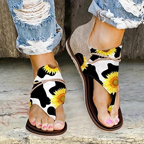 Waserce Womens Sandale limpede la modă plană Primăvara și vară Sandale Sandale plate Flat Float Lumin Floarea Soaresului Canvas