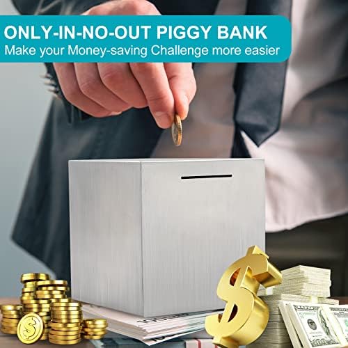 Xunhewi Piggy Bank din oțel inoxidabil, bancă de economii de bani pentru copii și adulți, cutia de bani Piggy Bank, Monede