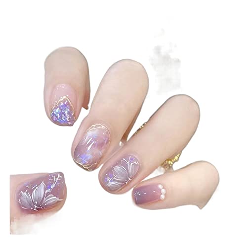 Apăsați pe unghii 24buc / cutie unghii False Violet Pearl unghii purtabile Camellia Nail Art patch-uri