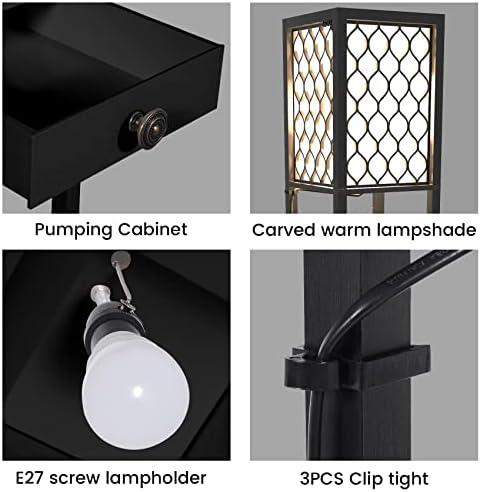Lampă de podea saudism cu rafturi, bec cu LED E27 Lampa înaltă, cu lampă de citire îndepărtată, modernă, cu un sertar de depozitare,