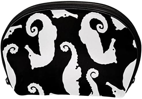 Geanta de machiaj mic, pungă cu fermoar Organizator cosmetic pentru femei și fete, animal marin de hipocamp alb negru
