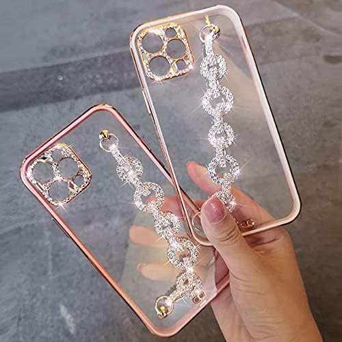 Bonitec compatibil cu iPhone 13 caz Roz Bratara 3d sclipici Sparkle Bling curea lux lucios cristal stras diamant argint lanț