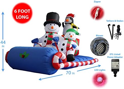 6 metri lungime de Crăciun gonflabili de Crăciun și pinguin așezat pe o sanie
