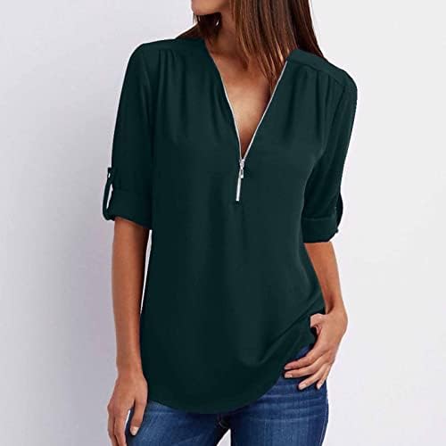 LCEPCY WOMEN'S Summer Plus Size Tricou Zipper V-Neck Tunică cu mânecă lungă Tunică Bluze slabe 2023 Haine de modă