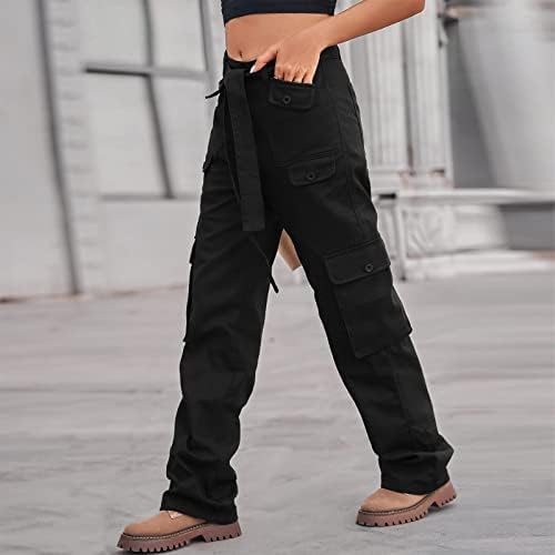 Pantaloni de marfă neagră pentru femei care trage pantaloni cu pantaloni cu centură cu tărâmuri scăzute cu fermoar buton drept