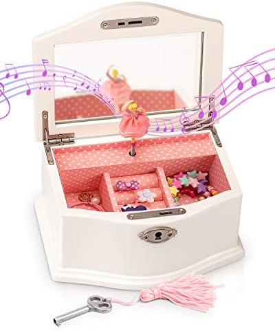 Elle Jewelry Box - Organizator de bijuterii Ballerina și Swan Lake Wind -Up Music Box pentru fete și adolescenți, accesorii și depozitare din lemn de păstrare cu încuietoare și oglindă, decor și cadou fermecător, mic