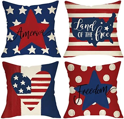 FJFZ 4 iulie Patriotic American Flag Stele și dungi Decorative Aruncare Pillow Acoperire 18 x 18 Set de 4, America Land of