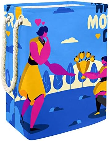 Coșuri de rufe impermeabile Deyya înalt Robust pliabil Ziua Mamei Fericite cu imprimeu albastru coș pentru copii adulți băieți adolescenți fete în dormitoare baie