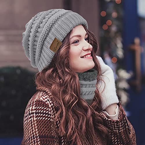 Femei Beanie iarna Pălării eșarfă și mănuși Set pentru femei Slouchy craniu Cap Fleece căptușite gât cald mănuși cadouri