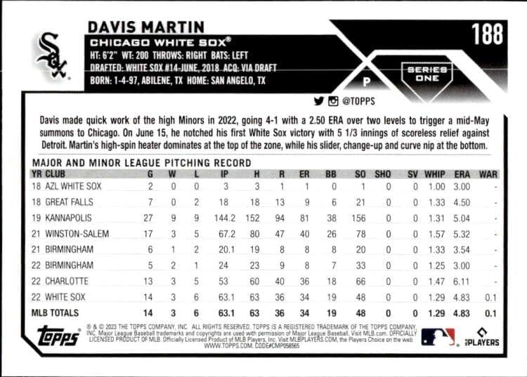 2023 Topps 188 Davis Martin NM-MT RC Rookie Chicago White Sox Baseball Trading Card MLB