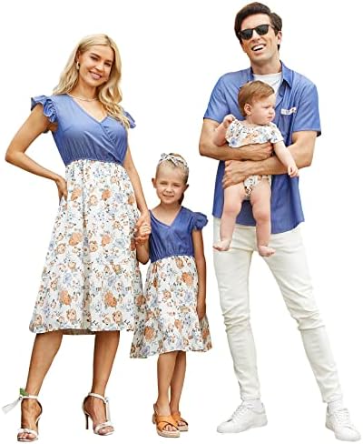 Popreal Family care se potrivește cu o ținută de vară mămică și eu rochii cu băieți tipărite floral set fete romper albastru