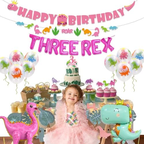 Decorațiuni pentru petreceri de aniversare dinozaur pentru fete, trei Rex Pink Dinosaur Dino Party Supports for Girls Baby - Banner, Cake și Cupcake Toppers, baloane