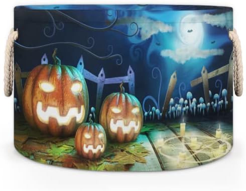 Spooky Pumpkins Halloween Night coșuri rotunde mari pentru depozitare coșuri de rufe cu mânere pătură coș de depozitare pentru
