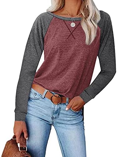 Femei casual cu mânecă lungă Culoare solidă Splicing cu mânecă lungă cu bluză O-gât Tricouri Tricouri Topsuri pulovere de pulover