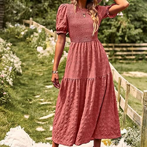Rochii de vară FEHLEGD pentru femei 2023 Culoare solidă Gât rotund Mâneci scurte puf rochie lungă rochie maxi Casual de vacanță