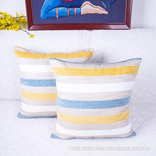 Yogmukhi în dungi decorative de aruncare cu dungi huse de 18 x 18 inch set de 2 perne albastru galben chenille huse pentru
