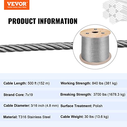 Frânghie de sârmă Vevor, 3/16 inch x 500ft, marină T316 Cablu din oțel inoxidabil cu construcții de 7x19 și 3700 lbs Forță