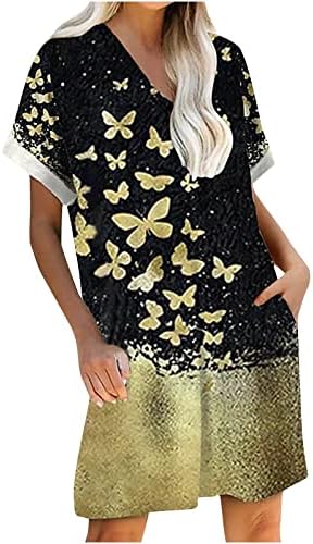 Rochie cu gât în ​​V vară pentru femei cu mâneci scurte tipărite buzunare rochie pulovere#1