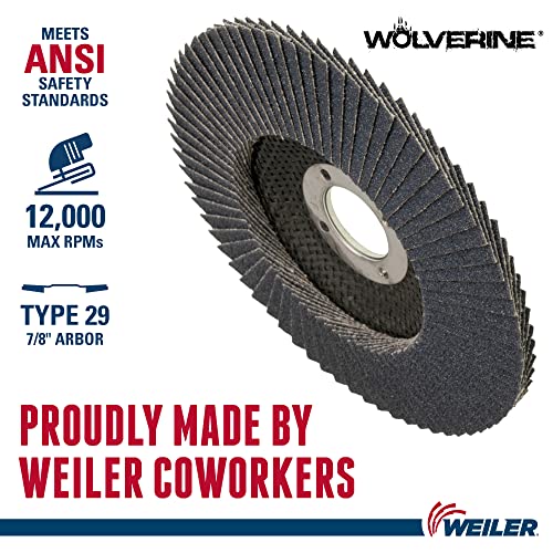 Weiler 31357 Wolverine 4-1/2 x 7/8 Arbor Hole Abrasive DISC, 60 Grit Zirconia Alumina, Bevel Type 29, Suport fenolic, densitate