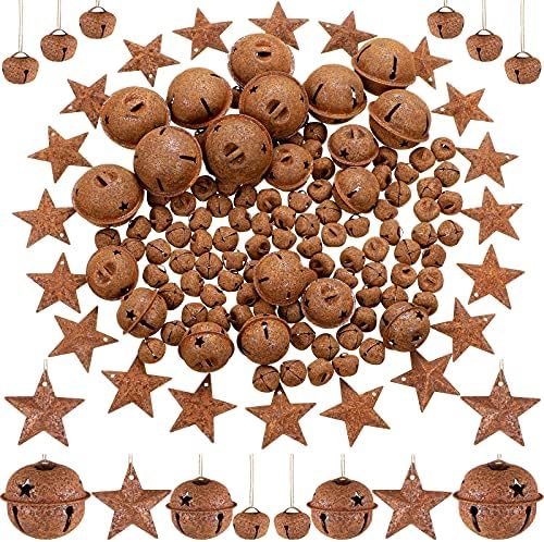 140 de bucăți set de clopot de Crăciun, include 100 de clopot rustic mic 20 stele decupaj Bell 20 Metal Star Ornament vintage