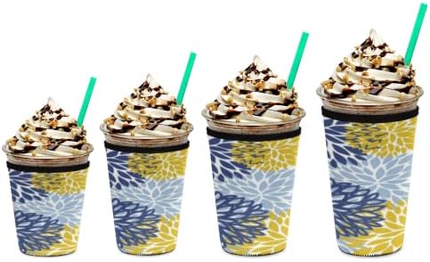 4 pachete Mâneci de cafea cu glazură reutilizabilă - mânecă izolatoare pentru băuturi reci, suport pentru ceașcă de neopren pentru cafea Starbucks, cafea dunkin ， se potrivește 16 - 32 oz căni de cafea （Model de flori de păpădie）