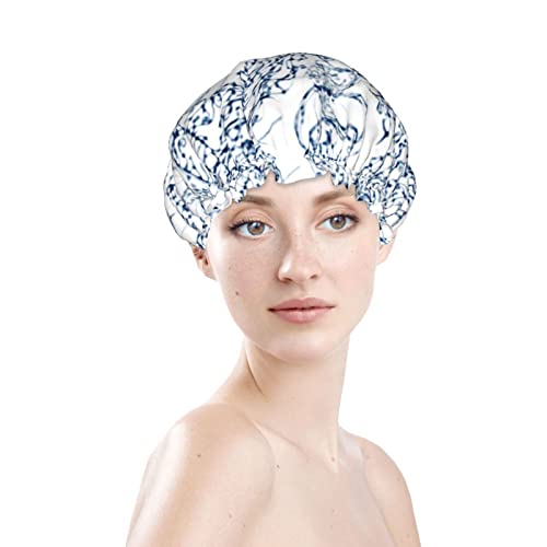 Femei Reutilizabile Stretch Tiv Păr Pălărie Satin Finisaj Albastru Arta Dublu Straturi Impermeabil Duș Cap Baie Cap