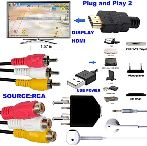 Cablu RCA până la HDMI 12ft, 3RCA la HDMI Converter 1080P, RCA CVBS compus video audio pentru HDMI Support PAL NTSC pentru