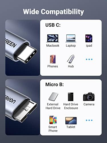 Cabluri Ugreen Micro B până la USB C hard disk 10 Gbps, 1,5 ft USB C până la Micro B, USB C la cablu extern de hard disk compatibil