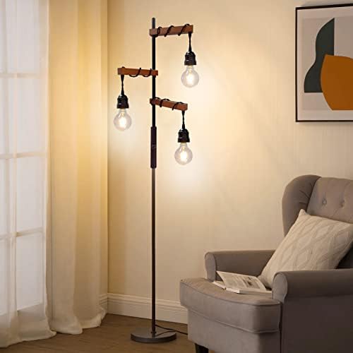 Lampa de podea industrială Dimmable, lampa de fermă din lemn de 68 inci cu becuri cu 3 lumină pentru living, dormitor, birou, rustic, decor pentru casă