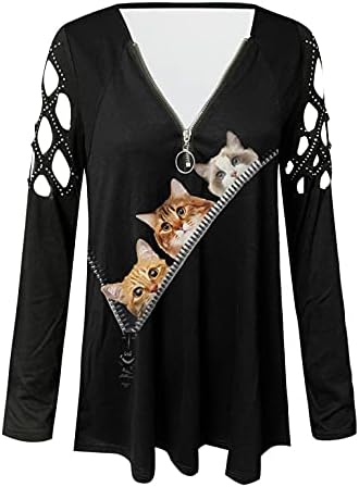 Femei Zip Up V Neck Tops Halloween vrăjitoare și pisică neagră și schelet tipărit cu mânecă lungă, flori casual bluze tunică