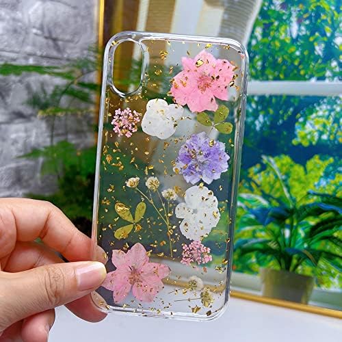 Abbelarea proiectată pentru carcasă cu flori presate iPhone XR, drăguță sclipici de sclipici clare cu design silicon moale